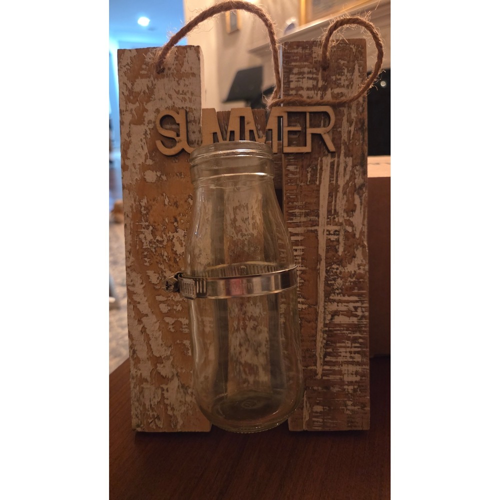 Rustic Wood Summer Wall Hanging Glass‎ Milk Bottle Bud Vase/Sconce Farm Decor